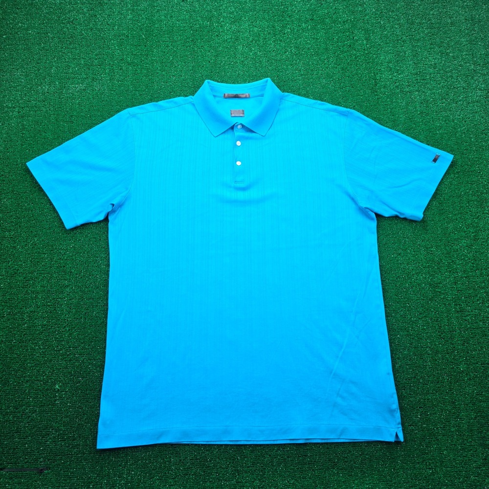 Nike Tiger Woods Golf Polo Shirt Mens XL Cyan Blue Stripe Fit Dry Short Sleeve